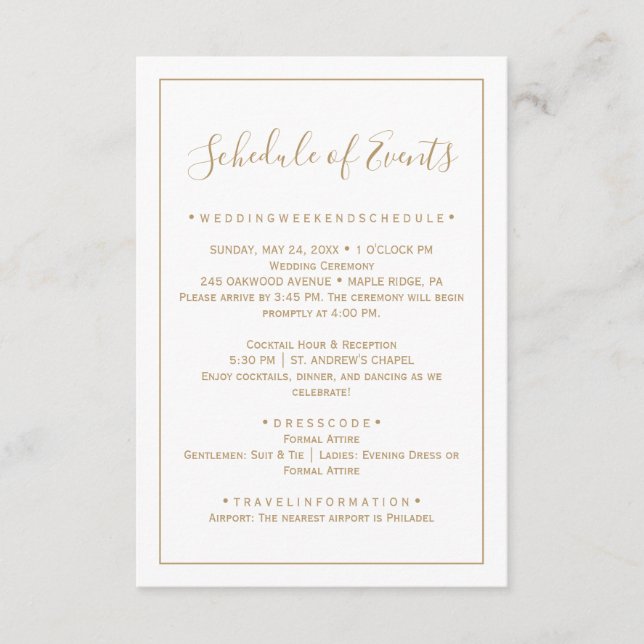 Rose Gold Minimalist Wedding Schedule Card (Front)