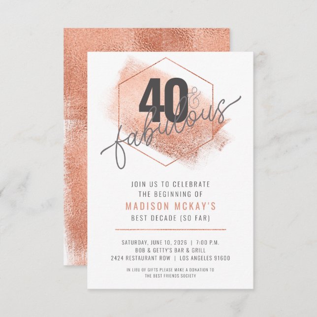 Rose Gold Minimalistic 40th Birthday Invitation (Front/Back)