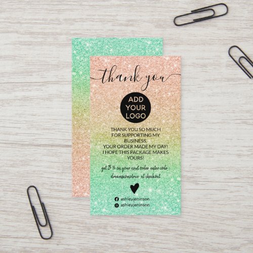 Rose gold mint glitter sparkles order thank you business card
