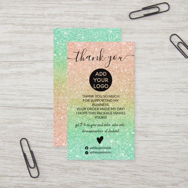 Rose gold mint glitter sparkles order thank you business card | Zazzle