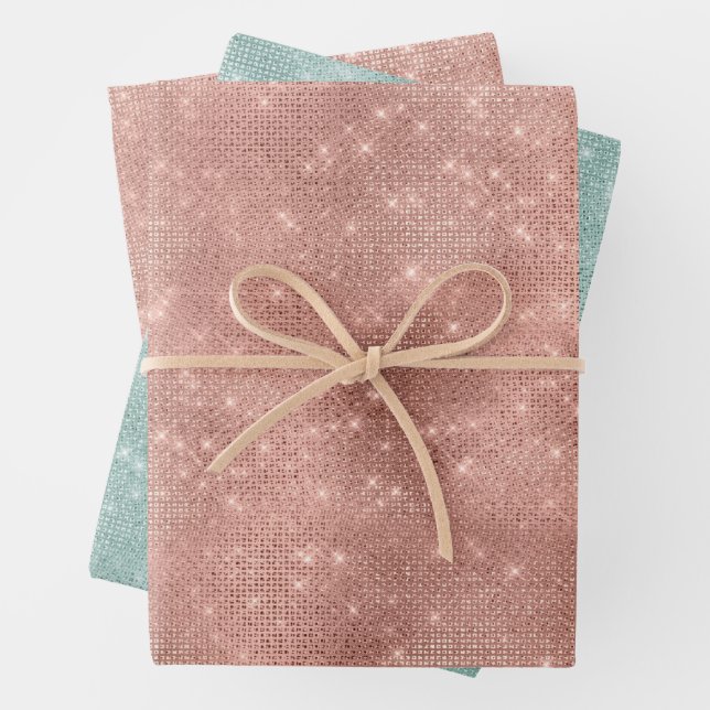 Rose Gold Mint Green Christmas Sparkle  Wrapping Paper Sheets (In situ)