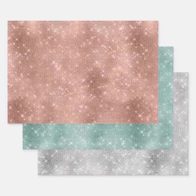 Rose Gold Mint Silver Sparkle Glitz  Wrapping Paper Sheets (Set)