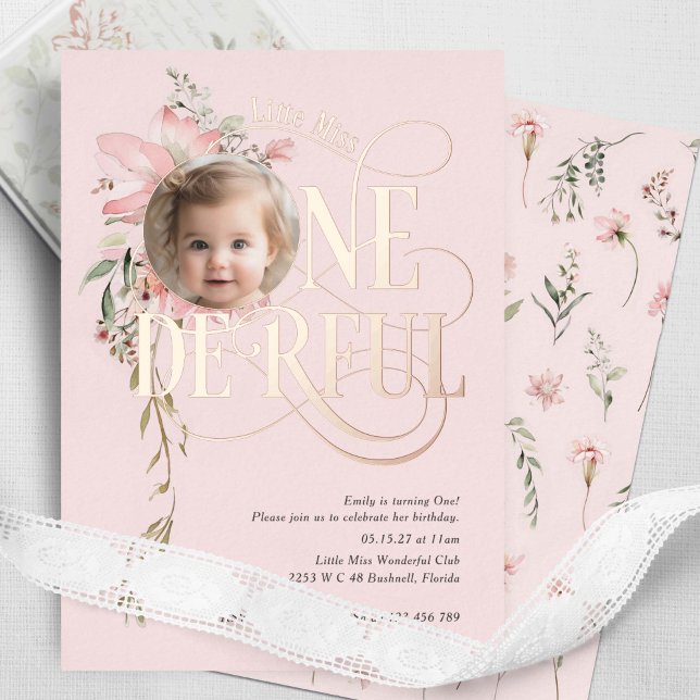 Rose gold Miss Onederful Girl 1st birthday photo Foil Invitation (Pink, Rose Gold Foil, Little Miss Onederful, Baby Girl 1st birthday Wildflower invite.)