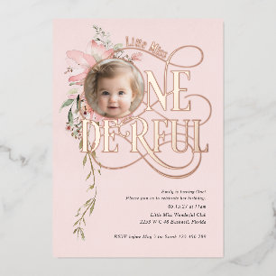 Rose gold Miss Onederful Girl 1st birthday photo Foil Invitation