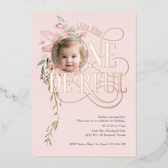 Rose gold Miss Onederful Girl 1st birthday photo Foil Invitation (Front)