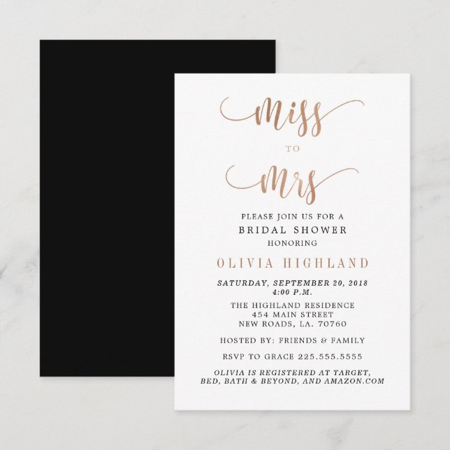 Rose Gold Miss to Mrs Bridal Shower Invitations (Front/Back)