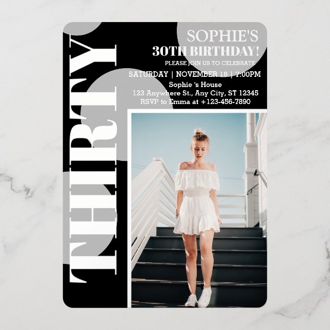 Rose Gold Modern Black 30th Birthday Party Photo  Foil Invitation (Front)
