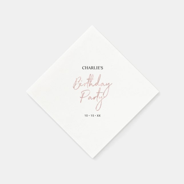 Rose Gold Modern Brush Script Adult Birthday Party Napkins (Corner)