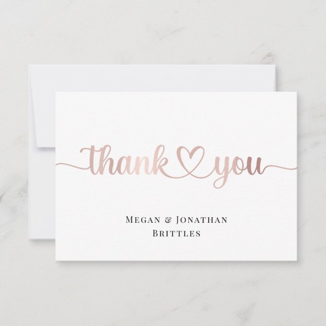 Rose Gold Modern Calligraphy with Heart Thank You Card (Front)