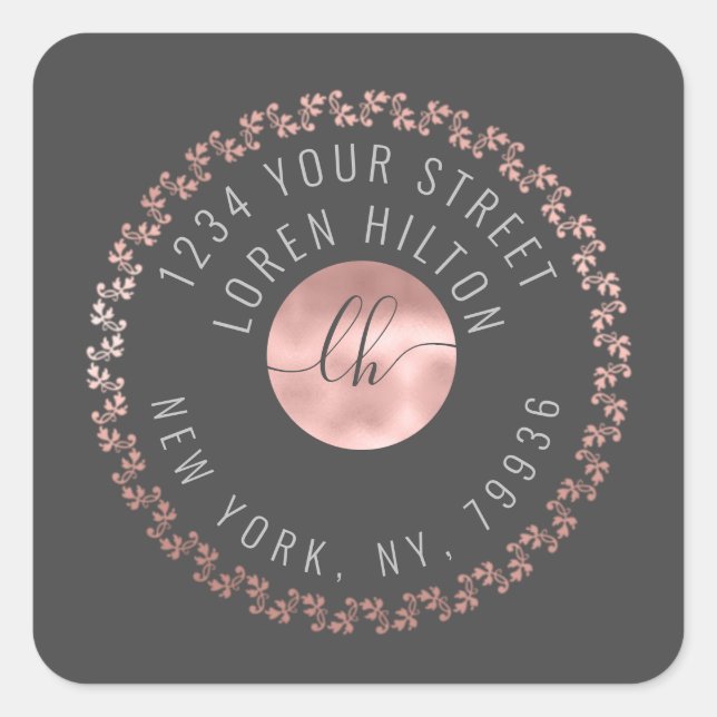 Rose gold modern circle monogram return address square sticker (Front)