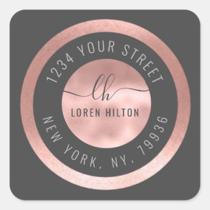 Rose gold modern circle monogram return address square sticker