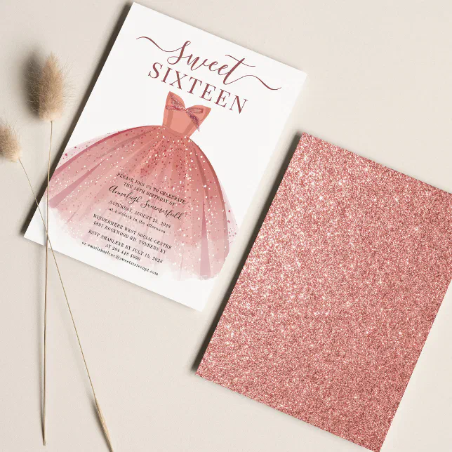 Rose Gold Modern Dress Glitter Sweet 16 Script Invitation | Zazzle