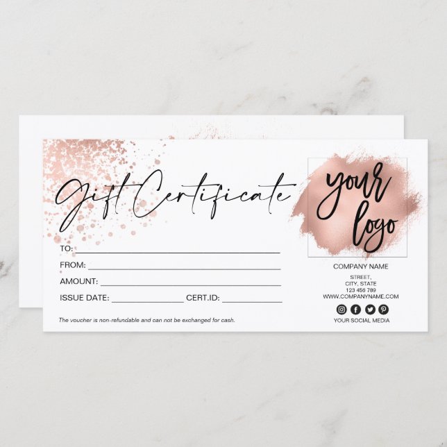 rose gold  modern gift card certificate add logo (Front/Back)