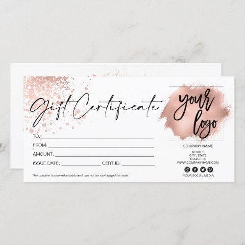 rose gold  modern gift card certificate add logo