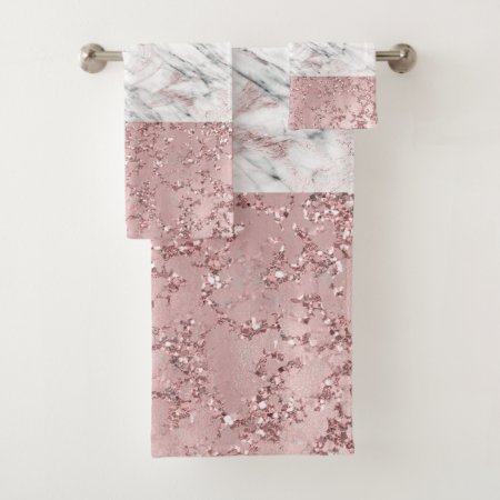 Rose Gold Modern Glam Marble & Glitter Decorative Bath Towel Set