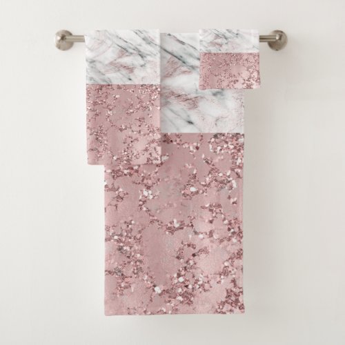 Rose Gold Modern Glam Marble  Glitter Decorative Bath Towel Set