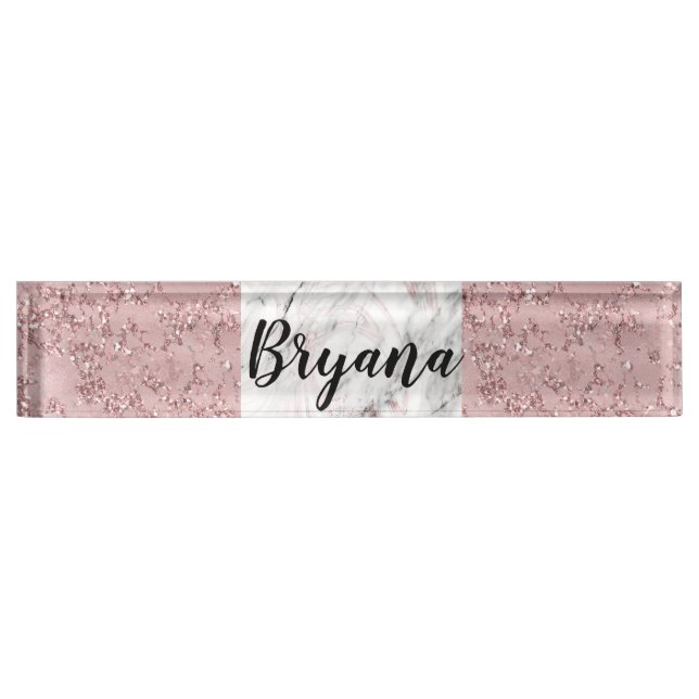 Rose Gold Modern Glam Marble & Glitter Decorative Desk Name Plate (Front)