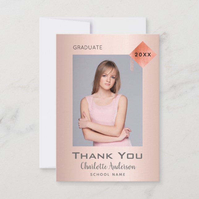 Rose gold modern graduation thank you card (Front)