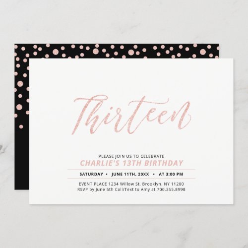 Rose Gold Modern Lettering 13th Birthday Party Invitation