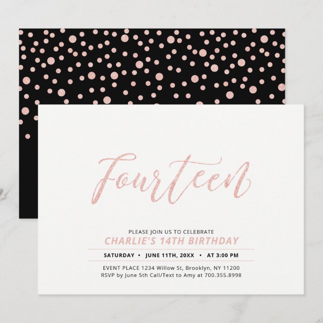 Rose Gold Modern Lettering 14th Birthday Party Invitation (Front/Back)