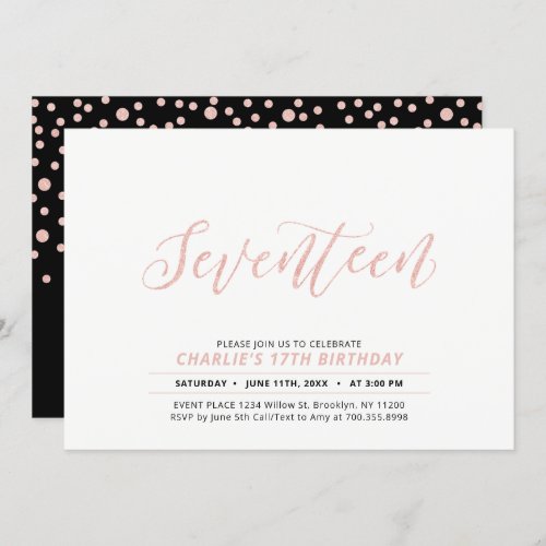 Rose Gold Modern Lettering 17th Birthday Party Invitation