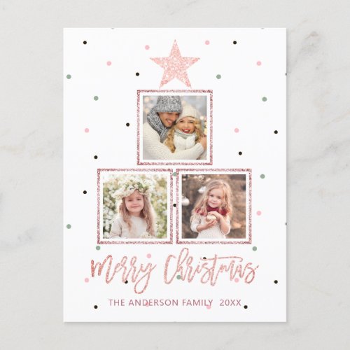 Rose Gold  Modern Merry Christmas 3 Photo Holiday Postcard