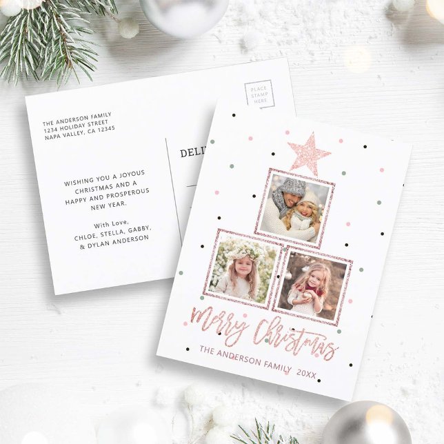 Rose Gold | Modern Merry Christmas 3 Photo Holiday Postcard (Front & Back)