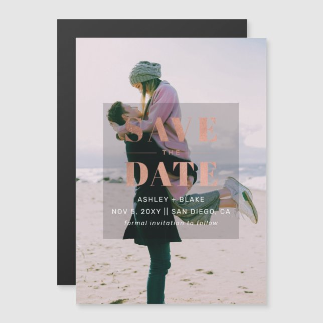 Rose Gold Modern Minimalist Photo Save the Date Magnetic Invitation (Front/Back)
