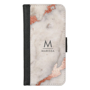 Rose Gold Modern Monogram Elegant White Marble iPhone 8/7 Wallet Case