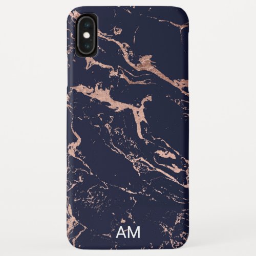 Rose gold modern navy blue marble stylish monogram iPhone XS max case