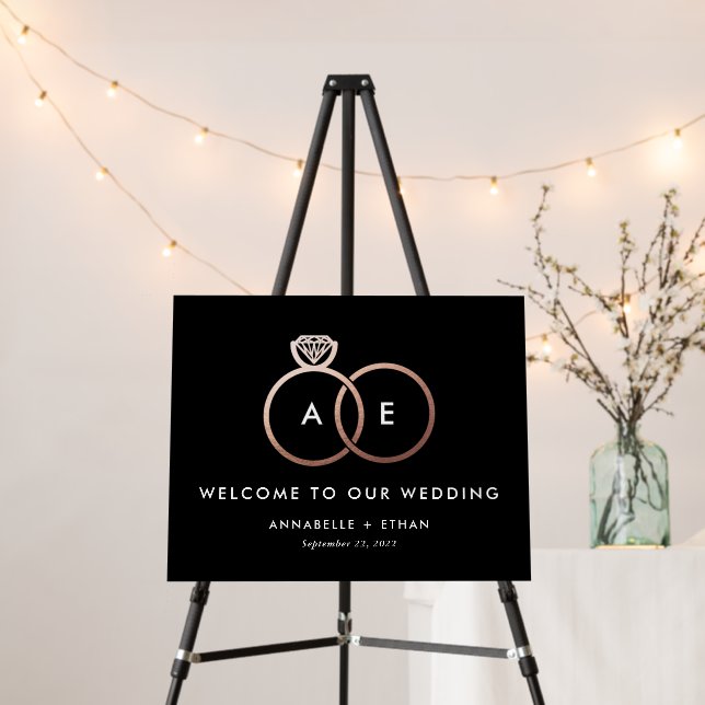 Rose Gold Modern Rings Black Wedding Welcome Sign (In Situ (Stand))