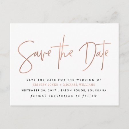 Rose Gold Modern Save The Date Announcement Postcard