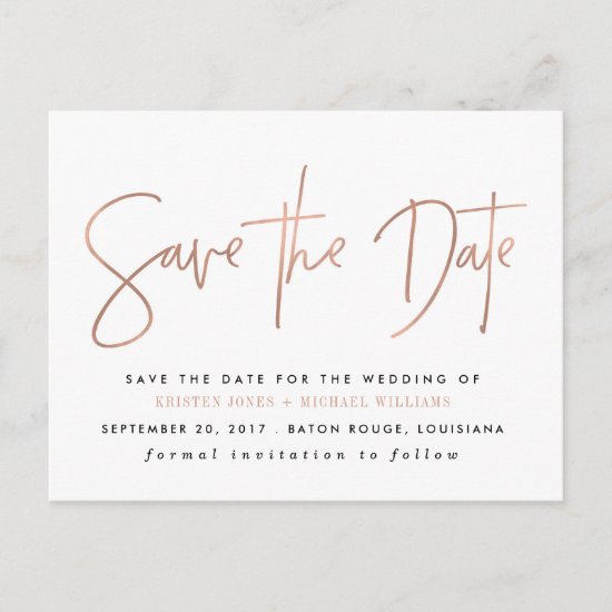 Rose Gold Modern Save the Date Announcement Postcard
