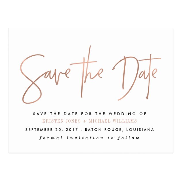 Rose Gold Modern Save The Date Postcard