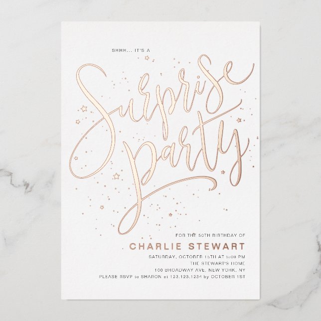 Rose Gold Modern Script Any Age Surprise Party Foil Invitation (Front)
