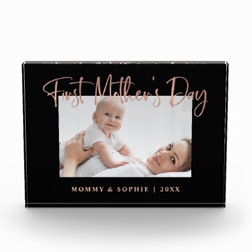 Rose Gold  Modern Script First Mothers Day Photo Block