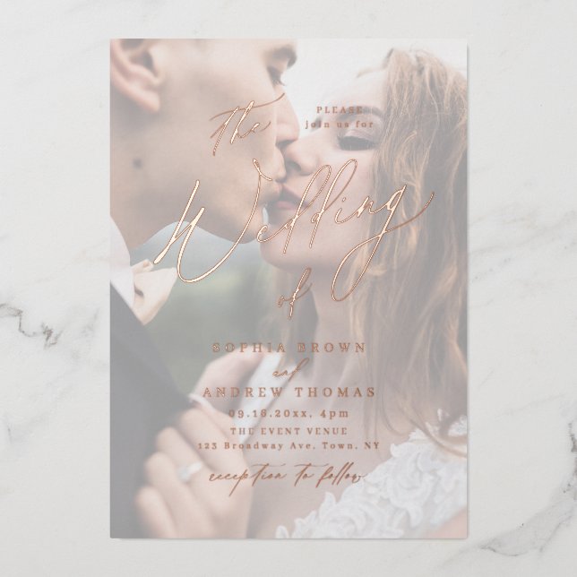 Rose gold modern script minimalist photo wedding foil invitation (Front)