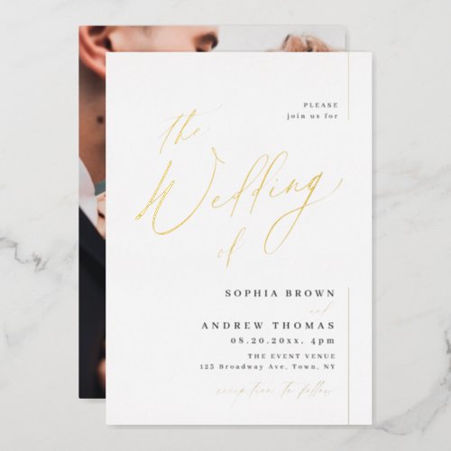 Rose gold modern script minimalist photo wedding foil invitation