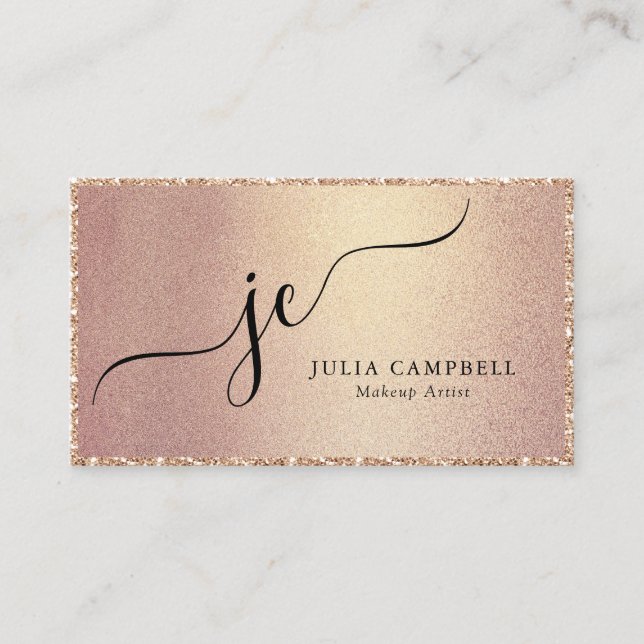 Rose Gold Modern Script Monogram Chic Business Card (Front)