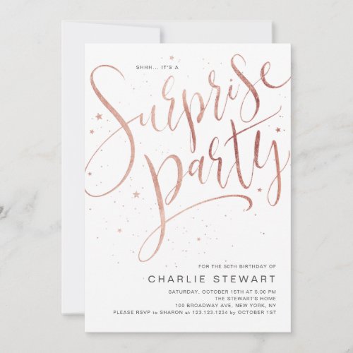 Rose Gold Modern Script Surprise Birthday Party Invitation
