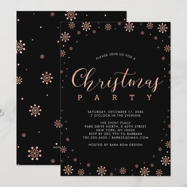 Rose Gold | Modern Snowflakes Christmas Party Invitation (Front/Back)