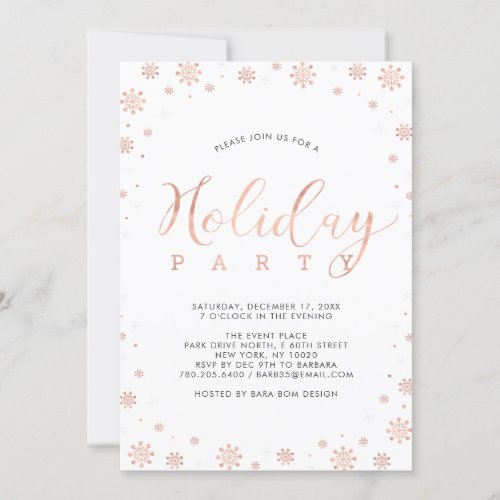 Rose Gold  Modern Snowflakes Holiday Party Invitation