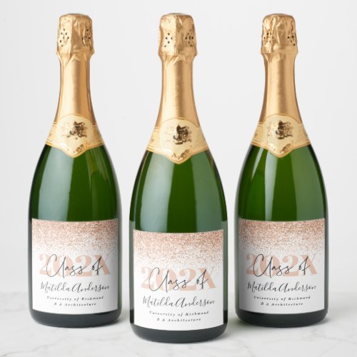 Rose gold modern stylish graduation party favor wi sparkling wine label