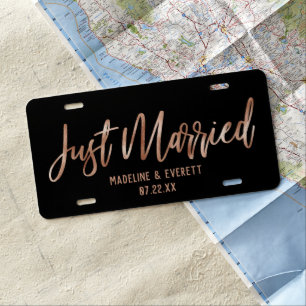 Rose Gold Modern Typography Wedding Just Married License Plate