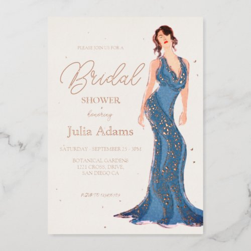 Rose Gold Modern Wedding Dress Bridal Shower Foil Invitation