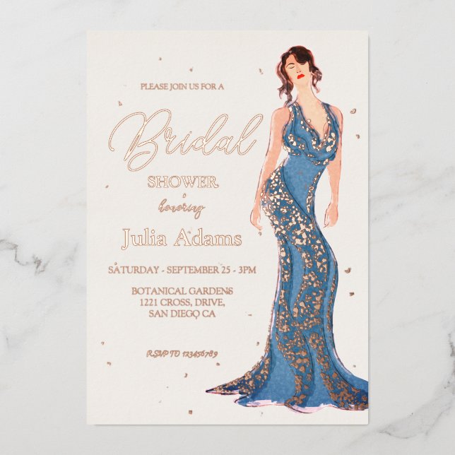 Rose Gold Modern Wedding Dress Bridal Shower Foil Invitation (Front)