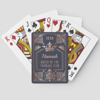 Rose Gold Monogram Crown Queen of Cribbage Club Poker Cards