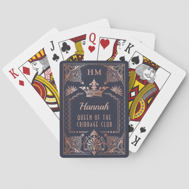 Rose Gold Monogram Crown Queen of Cribbage Club Poker Cards (Back)