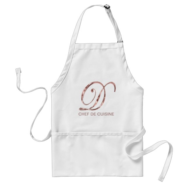 Rose Gold Monogram D Chef de Cuisine or Your Text Adult Apron (Front)