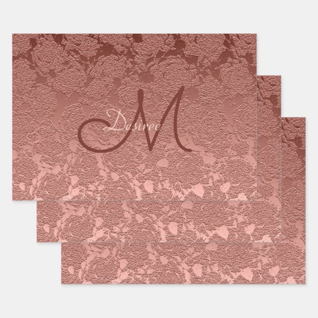 Rose Gold Monogram Elegant Art Floral Pattern Wrapping Paper Sheets (Set)